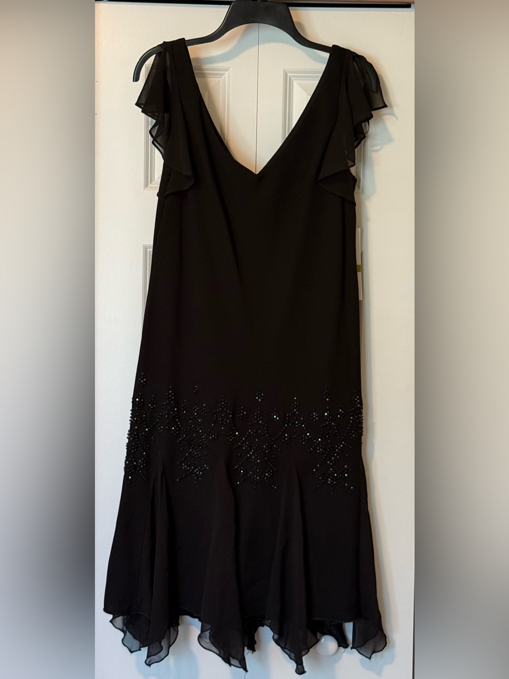 S.L. Fashions Black V-Neck Beaded Flutter Sleeve Midi Dress